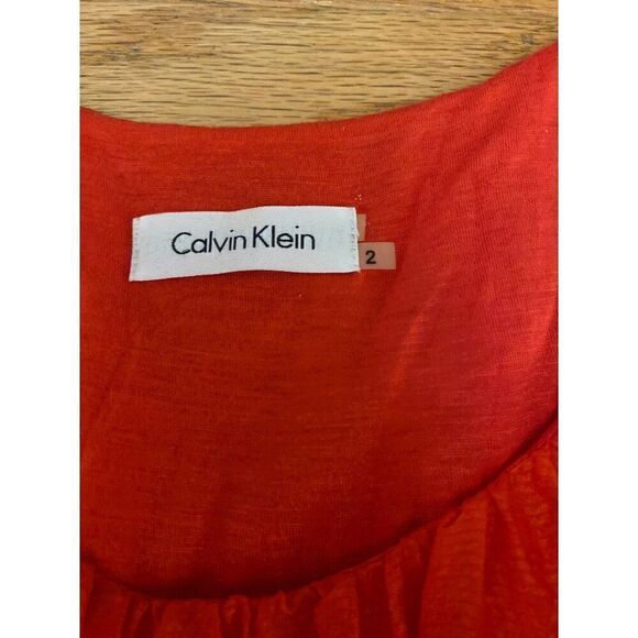 Calvin Klein Women's Red Ruffle Sleeve lined silk scoop neck tied waist Dress 2 - Picture 5 of 9